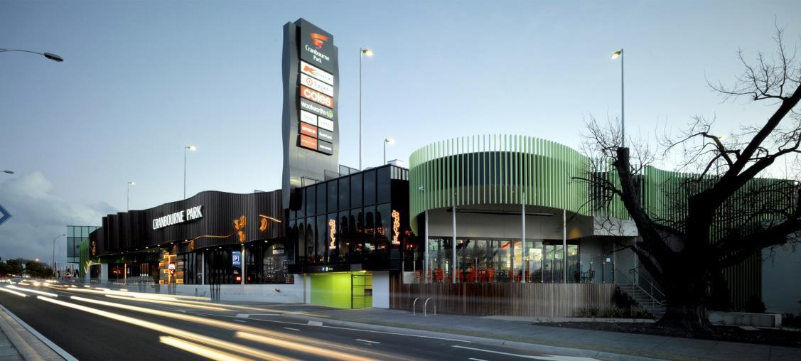 Cranbourne Park Shopping Centre ribbon facade at dusk